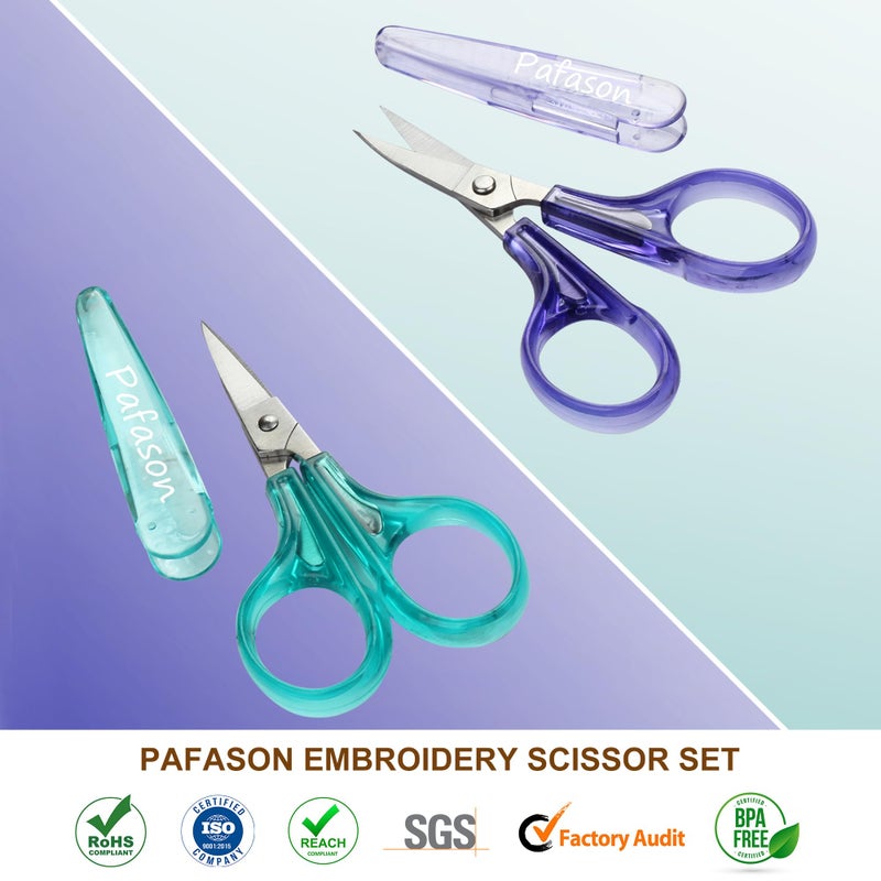 PAFASON Sharpest & Precise Embroidery Scissor Set 2 PC Curved Straight for Quilting Sewing Knitting Crafting Cross Stitch Crochet Thread Yarn Paper Fabric Detail Cutting Stainless Steel Safety Case - Image 2